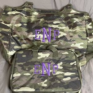 Thirty-One Overnight Bag with Matching Fold Up Travel Bag - Camo Crosshatch